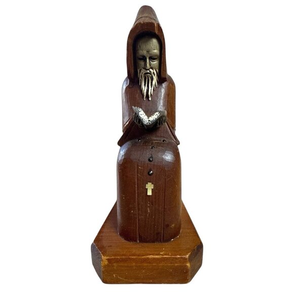 Vintage Hand Carved Wooden Monk Figurine with Rosary & Book Religious Folk Art - Picture 3 of 8